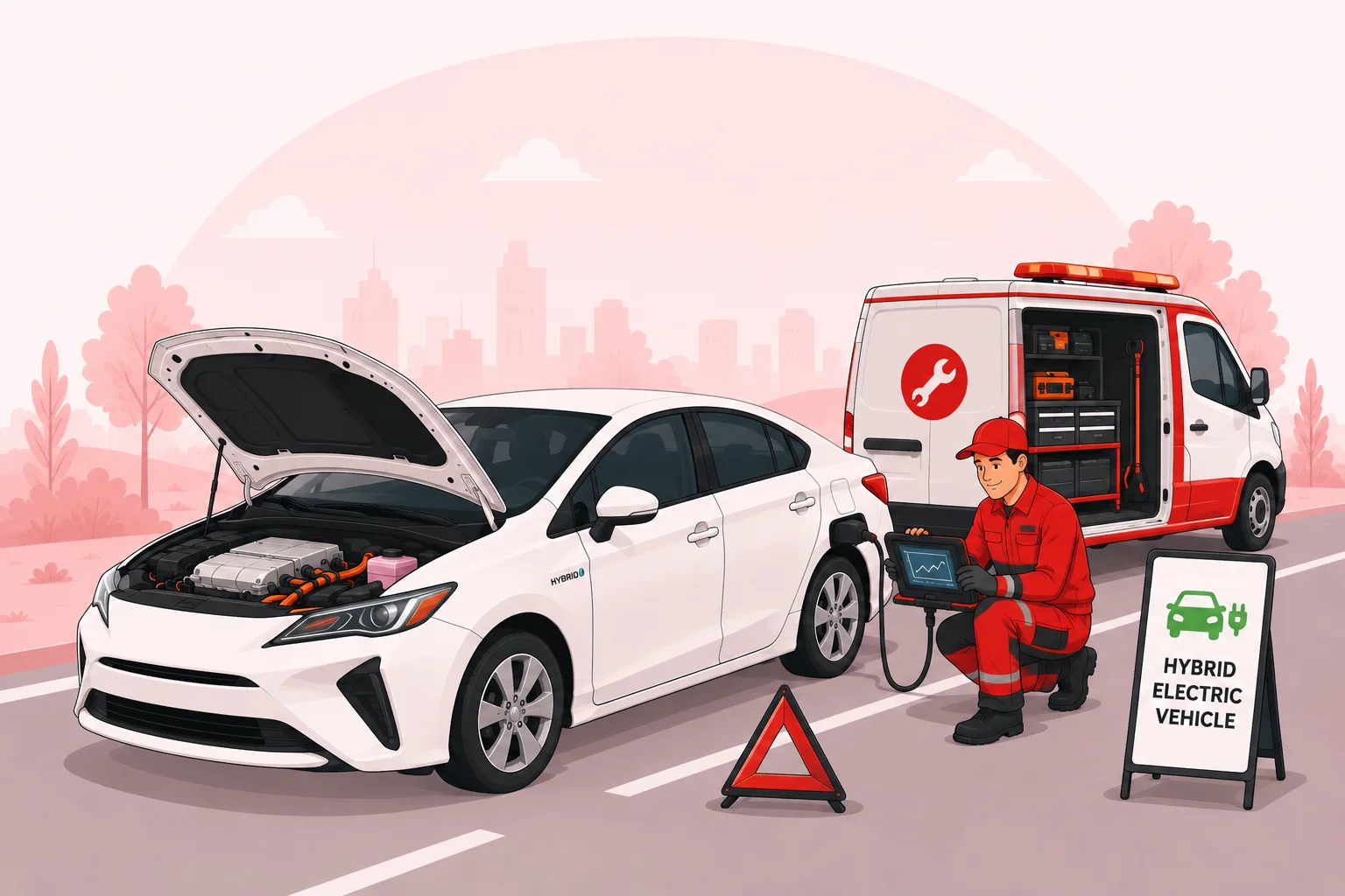 A hybrid electric vehicle receiving roadside repairs